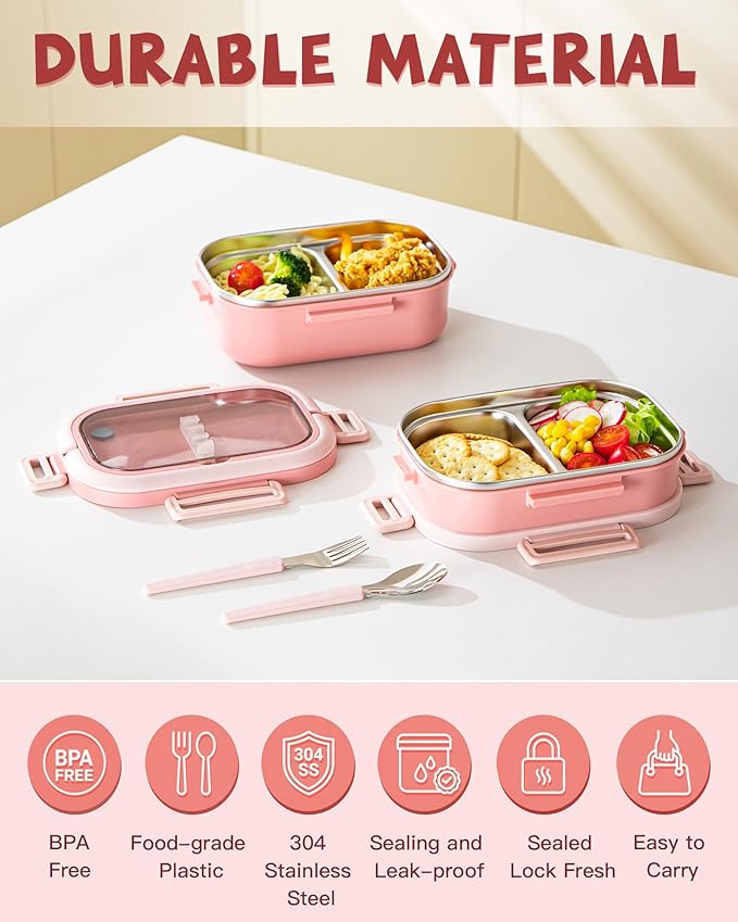 Lille Home Stackable Lunch Box, 2 Tier Stainless Steel Bento Lunch Box, 56oz Large Capacity Leakproof Lunch Containers, 4-Compartment Lunch Box with Utensils for Meal Prep, Work, Picnic(Pink)