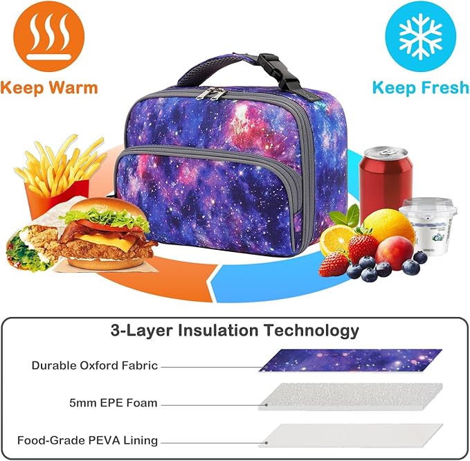 FlowFly Kids Lunch box Insulated Soft Bag Mini Cooler Back to School Thermal Meal Tote Kit for Girls, Boys, Galaxy