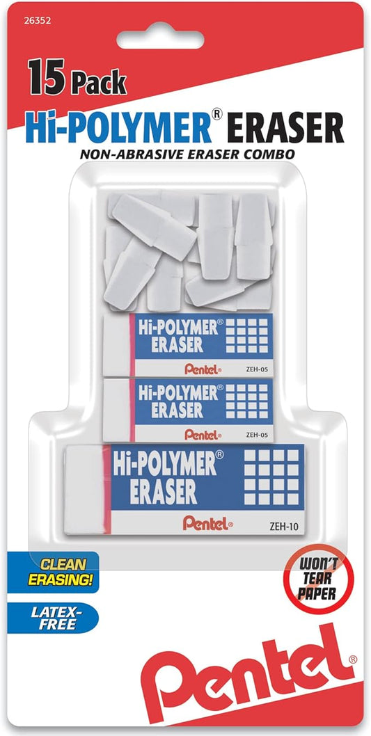Pentel Hi-Polymer Eraser White Assorted Pack, 15 Pack