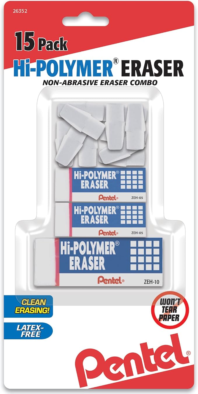 Pentel Hi-Polymer Eraser White Assorted Pack, 15 Pack