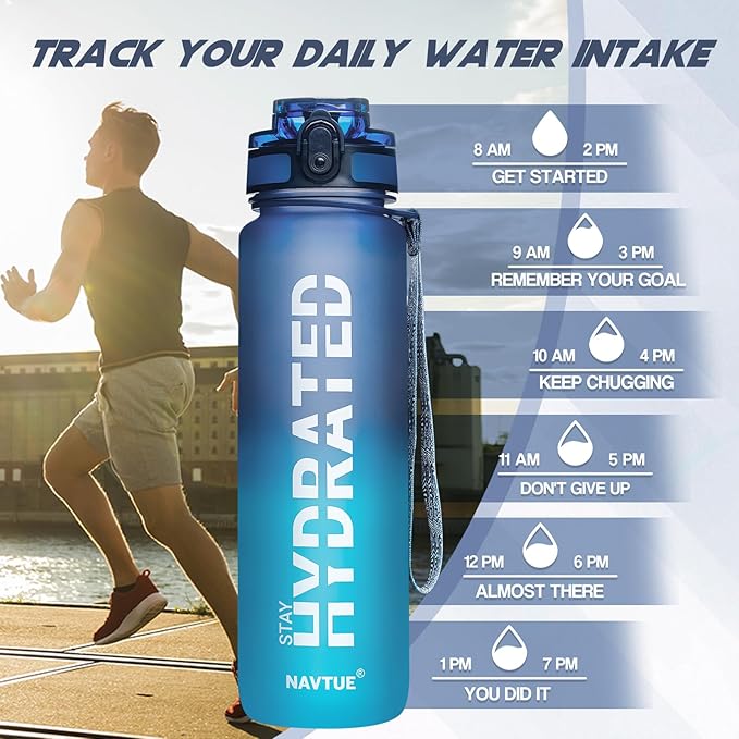 Water Bottle, 32oz Sports Water Bottles with Time Marker Wide Mouth, Motivational and Leakproof Drink Bottle, BPA Free Tritan with Carry Strap for Gym Fitness Outdoor (1 Bottle)