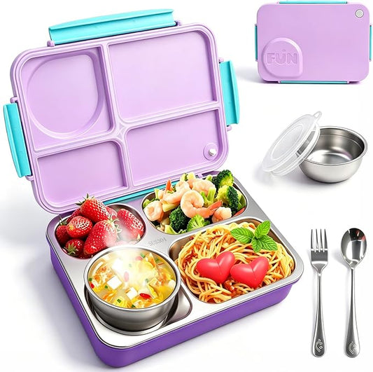 Kids Stainless Steel Lunch Box,304 Stainless Toddler Leak-Resistant Insulated Metal Bento Box,Suitable Schools,Office,Use Comes With An Independent Soup Cup,Tableware,4 Compartments (Purple) ﻿