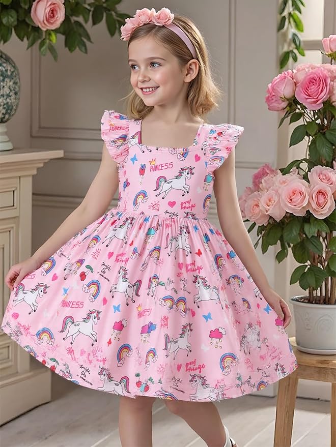 Popshion Girls Dresses Flutter Sleeve Swing Sundress Toddler Summer Clothes Kid Birthday Party Sleeveless Dress 1-8 Years Old