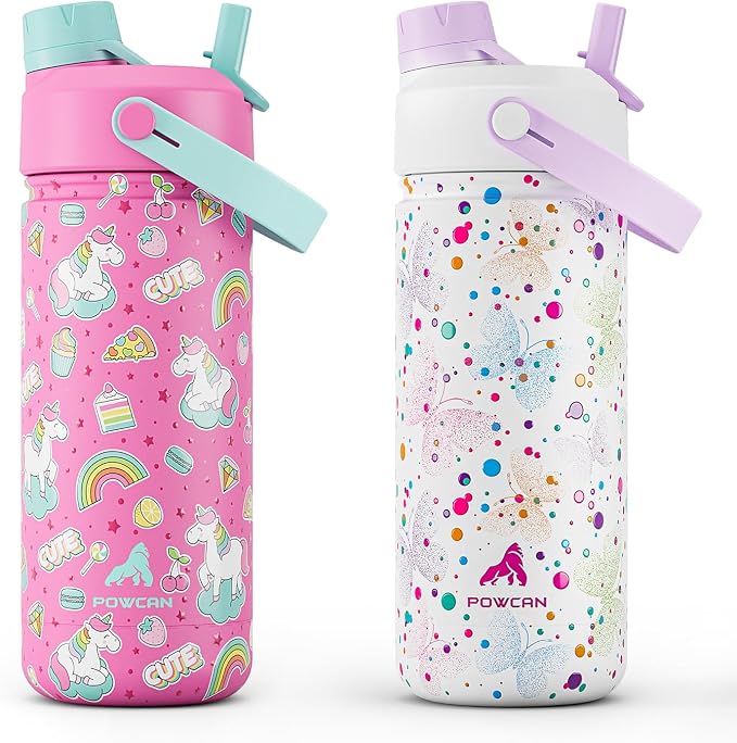 POWCAN 2 Pack 18 oz Kids Insulated Water Bottle for School: Leakproof, 2-in-1 Straw Spout Lid, BPA-Free, Keep Cold 24 Hrs, Stainless Steel Cup for Sports, Travel, Gift for Girls Boys Daughters Sons