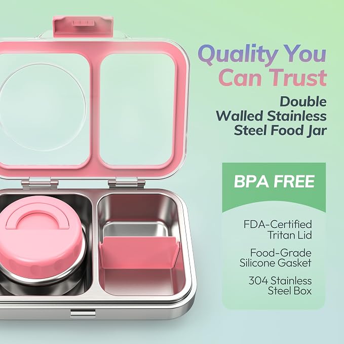 HOMEKOL Stainless Steel Bento Lunch Box + 9.5oz Insulated Food Jar, Pink | 2-Compartment Leak-Proof Container for Kids & Adults, BPA/BPS-Free, 18/8 Metal, Dishwasher Safe, Clear Tritan Lid