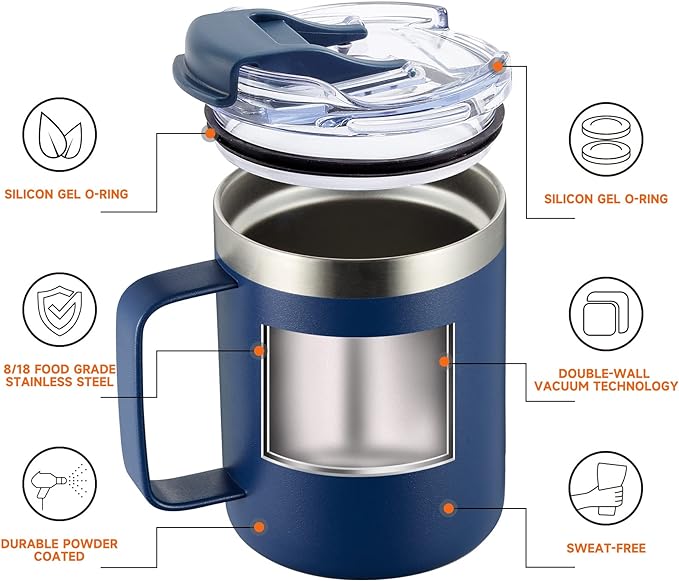 12oz Stainless Steel Insulated Coffee Mug with Handle, Double Wall Vacuum Travel Mug, Tumbler Cup with Fliping Lid, Navy and Army Green