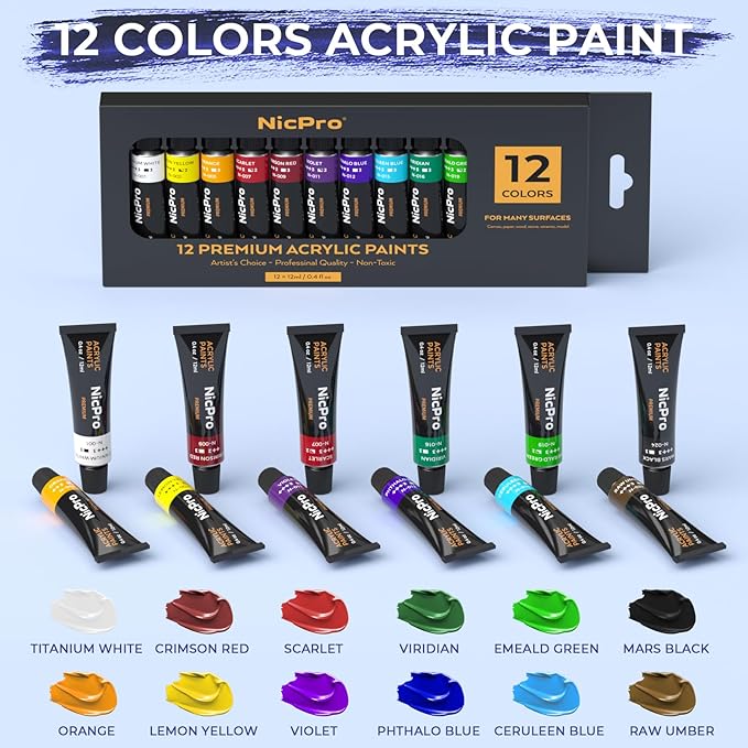 Nicpro 34PCS Kids Painting Set with Pattern Canvas, Art Painting Supplies Kit with 12 Acrylic Paints,10 Brushes,6 Canvas Panels,Table Easel,Paper Pad,Color Wheel,Palette for Beginner Students