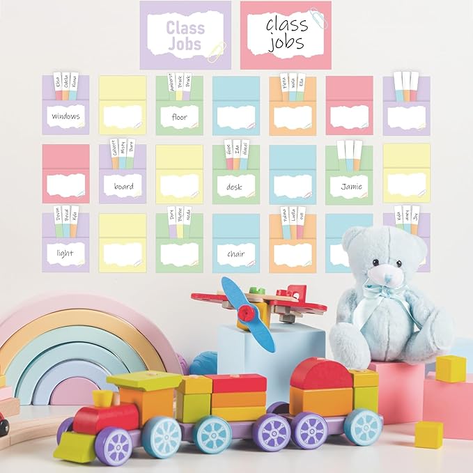 QOUBAI 112 Pcs Pastel Class Jobs Bulletin Board Set Colorful Classroom Jobs Pocket Chart Boho Class Management Educational Pocket Chart Teacher's Helper Posters Classroom Decorations School Supplies