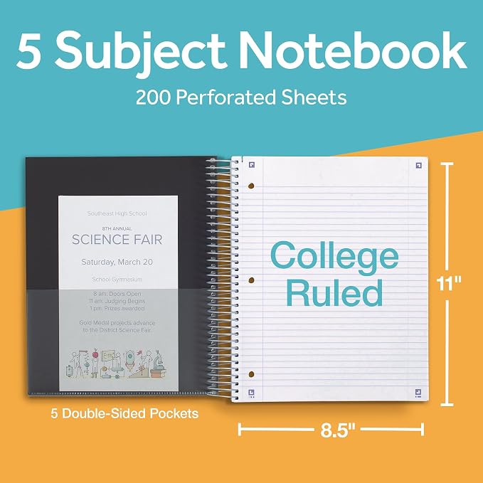 Oxford Spiral Notebook with Free Study App, 5 Subject, College Ruled, Ultra Smooth Paper, No Ink Bleed-Through, Strong Poly Black Cover, 5 Durable 2 Sided Pockets, 200 Easy Perforated 8.5"x11" Sheets