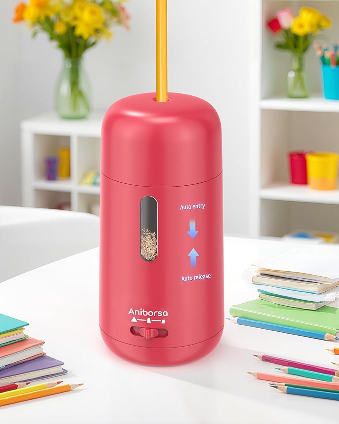 Automatic Electric Pencil Sharpener - Auto Feed, Auto Stop & Auto Eject, Rechargeable for Classroom, Home, School, Office, Rose Red