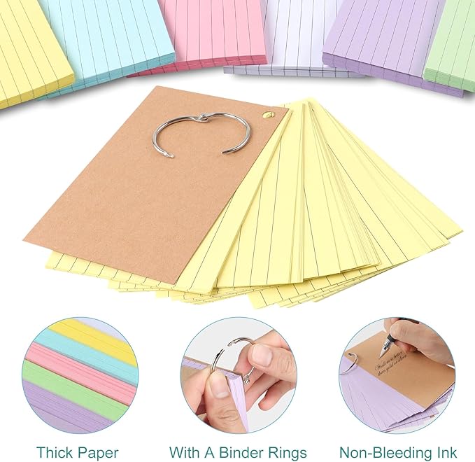 300 PCS Punched Lined Index Cards 3x5 Inch, Ruled Flash Cards With 6 Rings, Colored Notecards For Studying, Notes, Learning Memory，School, Office And Home(6 Colour）
