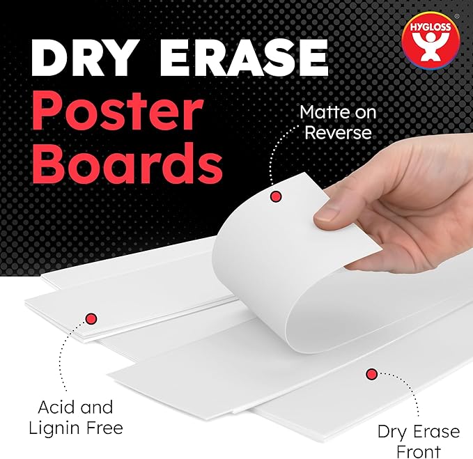 Hygloss Small Dry Erase Poster Board Paper 4x11 Inch (60 Count) Single-Sided Wall White Board Dry Erase Sheets - 14 Pt. Thick Paper for Home, School, Classroom, Office, Kids Art, Menus Signs, Lists