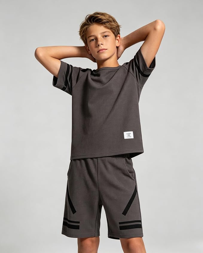 Cakaner Tween Boys Clothes Summer Simple Print T-Shirt And Shorts Set 2 Pieces Teen Trendy Outfits Size 7-14 Year