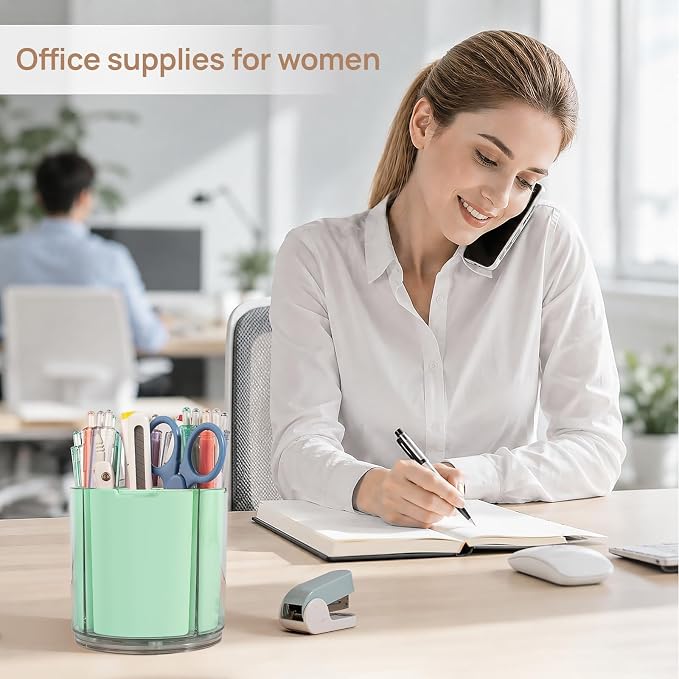 360° Rotating Pen Holder for Desk Adjustable Pencil Organizer, Green | Plastic Pen Cup for Women Cute Office Supplies and Accessories Desktop Storage Box Art Caddy for School, Work, Home