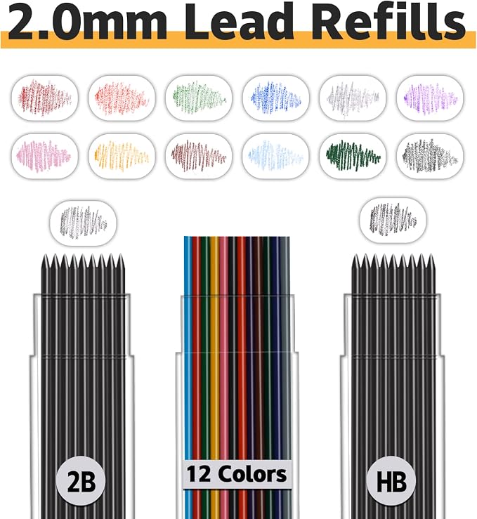 MyLifeUNIT 22 Pcs 2.0 mm Mechanical Pencils Set, 8 Pcs Lead Pencils with 10 Case Lead Refills 2B, HB Black & Colors, 2 Pcs Erasers and 2 Pcs Sharpeners for Drawing, Sketching and Drafting
