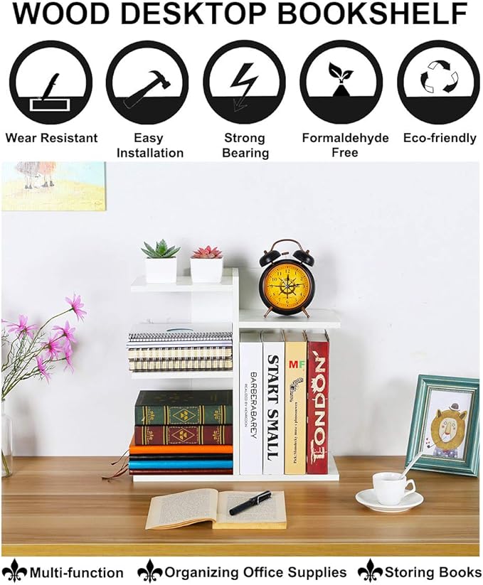 PAG Wood Desktop Shelf Small Bookshelf Desk Supplies Organizers and Accessories Storage Display Rack Office Decor for Women, White
