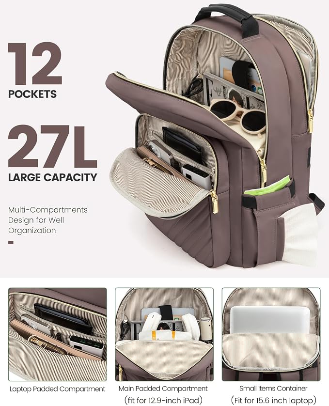 LOVEVOOK Laptop Backpack Purse for Women, Large Capacity Travel Business Computer Work Bag, Quilted Casual Nurse Backpack for Womens, Fit 15.6 Inch Laptop with USB Port, Brown