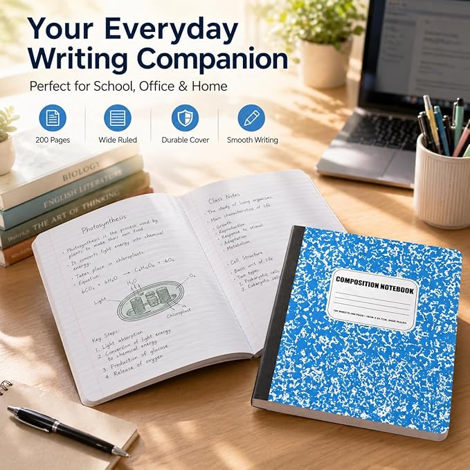 CLEENTABLE Composition Notebook 5 Pack, Wide Ruled Paper, Marble Cover Notebooks for School, 9.75 x 7.5 Inches, 100 Sheets (200 Pages), Sewn Binding Comp Books, Blue