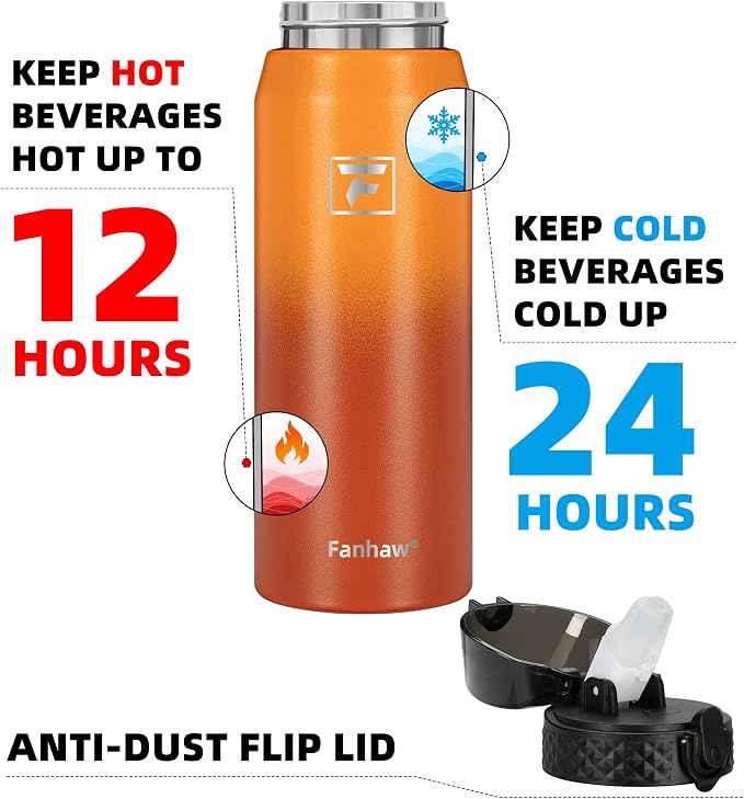 Fanhaw 24 Oz Kids Insulated Stainless Steel Water Bottle with Straw Lid, Leakproof & Anti-Dust Everyday Use Bottle for School, Women & Men, Back to School Essentials (Yellow Orange)