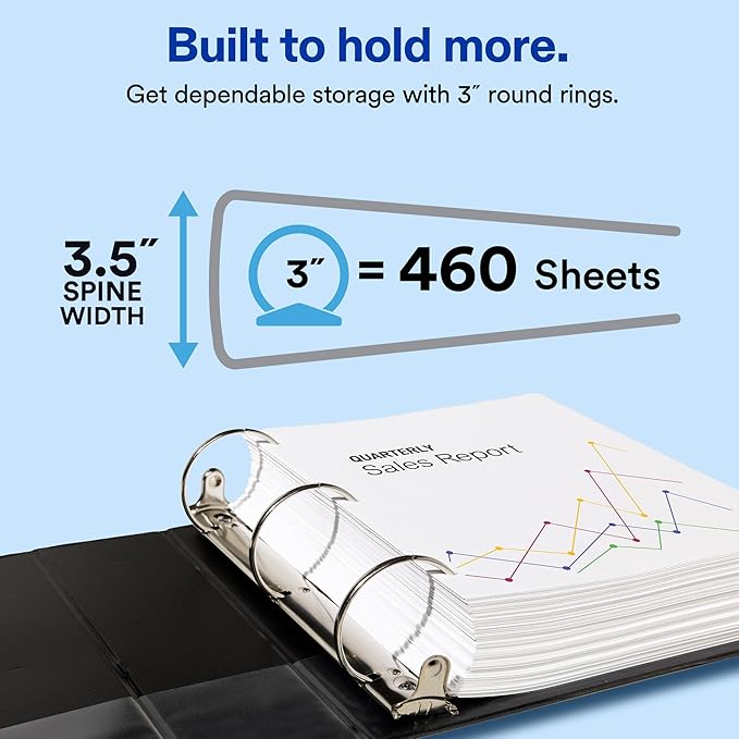 Avery Standard View 3 Ring Binder, 3" Round Rings, 460-Sheet Capacity, 3.5 Inch Wide Spine, 1 White Binder, Ideal for Lightweight Organization and Occasional Referencing (05741)