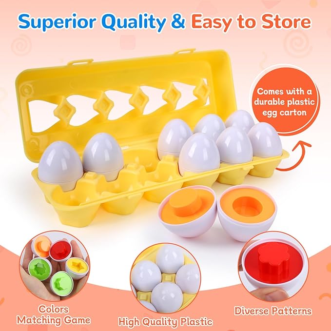 USATDD Matching Eggs for Toddlers Montessori Geometric Eggs Color & Shape Recognition Toy, Fine Motor Skills Shape Sorter Puzzle, Easter Eggs Toys Gifts for Kids, Easter Basket Stuffers