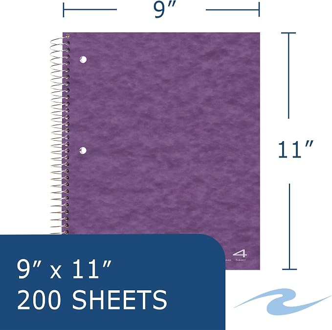 ROARING SPRING 4 Subject Spiral Notebook, 12 Pack, 11" x 9", College Ruled, 200 Perforated Sheets, Assorted Eco Press Covers, 4 Double Storage Pockets, Made in USA
