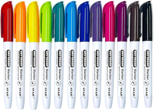 SFAIH Dry Erase Markers Fine tip 12 Colors, 12 Pack (1 Dozen) Low Odor Whiteboard Markers for Classroom, Homeschool, Non-Toxic Gift for Kids, Travel Drawing, Learning to Write, Reusable Art Supplies