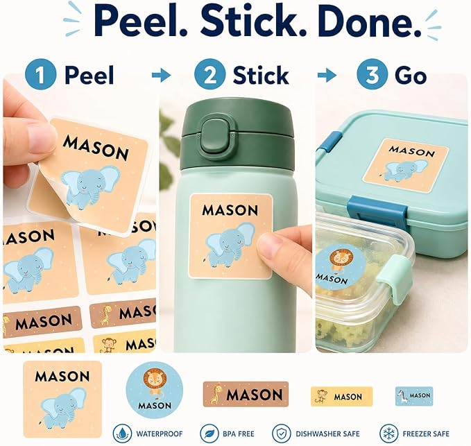 Andaz Press Custom Personalized Waterproof School Name Labels, Safari Animals, 120-Pack, Kids Labels Combo Pack, Customizable Multi-Use Name Stickers for Preschool, Daycare, Supplies, Office, Camping
