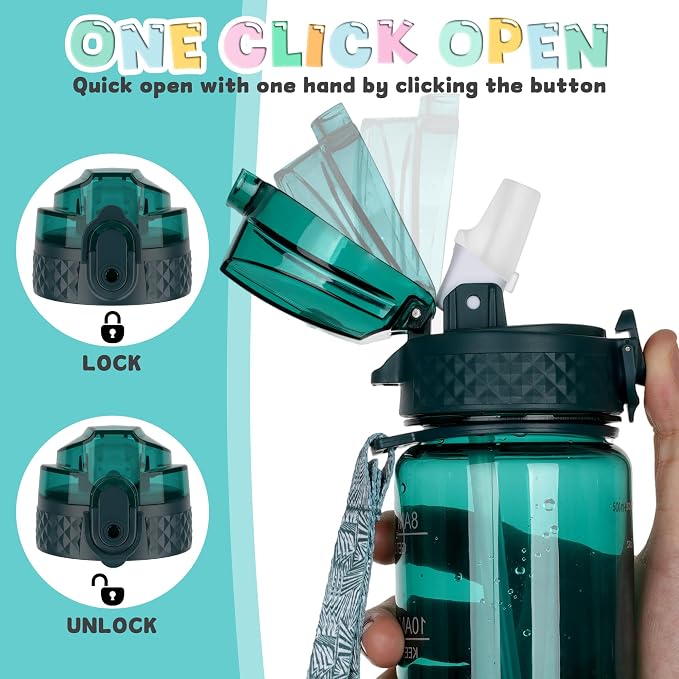 OLDLEY 17oz Kids Water Bottle, Tritan BPA-Free, Leakproof Flip Straw Lid, Motivational Time Marker, Carry Strap, Reusable Clear Water Bottle for Boys & Girls,Trout Green
