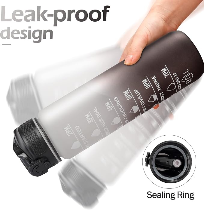 YC Kitchen Motivational Water Bottle with Time Marker - 32oz, Leak-proof BPA Free Sports Water Bottles with Straw & Carrying Strap (Pack of 2)