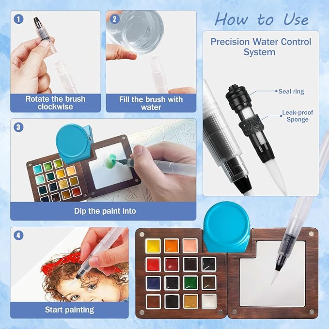Mini Watercolor Travel Set, 12 Colors Portable Outdoor Art Kit with Walnut Wood 15-Panel Palette, Crossbody Bag, Watercolor Journal, Metal Clip, Water Cup & Brush Ideal for Artists & Beginners
