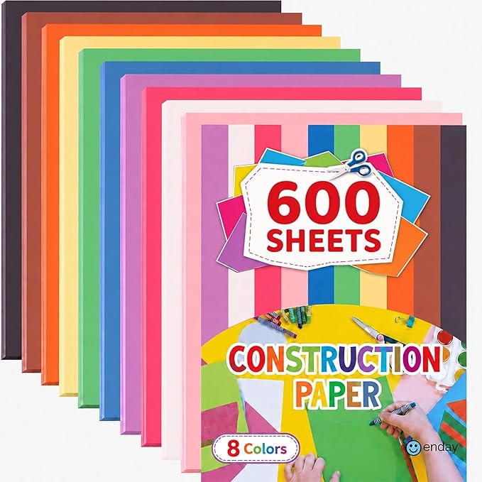 Construction Paper Assorted Colors, (600 Sheets) 8 Bright Colors, 9”x12” Bulk Craft Paper, Standard Weight Construction Paper, Color Paper for Kids Arts & Crafts and School Projects, by Enday