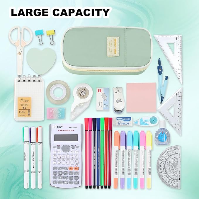 Large Pencil Bag for Girls Teens Kids School Pencil Case Organizer Green | Zipper Pencil Pouch Big Cute Stationery Aesthetic Pencil Box for School Office, Wear-resistant Fabric, Large Capacity Design