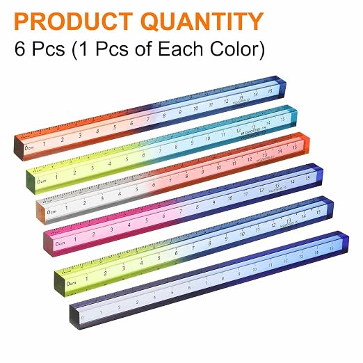 HARFINGTON 6pcs Acrylic Clear Straight Rulers 15cm Metric Transparent Gradient Three-Dimensional Plastic Ruler Square Cube Measuring Tool for Classroom Office, 6 Colors