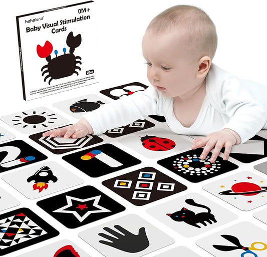 hahaland High Contrast Baby Flashcards - Black and White Infant Baby Cards 0-6 Months Tummy Time 0-3-6 Months Montessori Sensory Cards 20 PCs 6''×6'' Newborn Brain Visual Stimulation