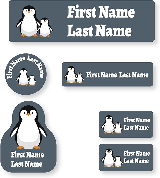 Personalized Kids Name Labels – Waterproof Custom Stickers for Daycare & School, Dishwasher & Laundry Safe (Light Grey Penguin)