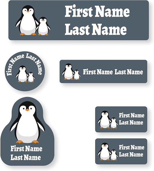 Personalized Kids Name Labels – Waterproof Custom Stickers for Daycare & School, Dishwasher & Laundry Safe (Light Grey Penguin)
