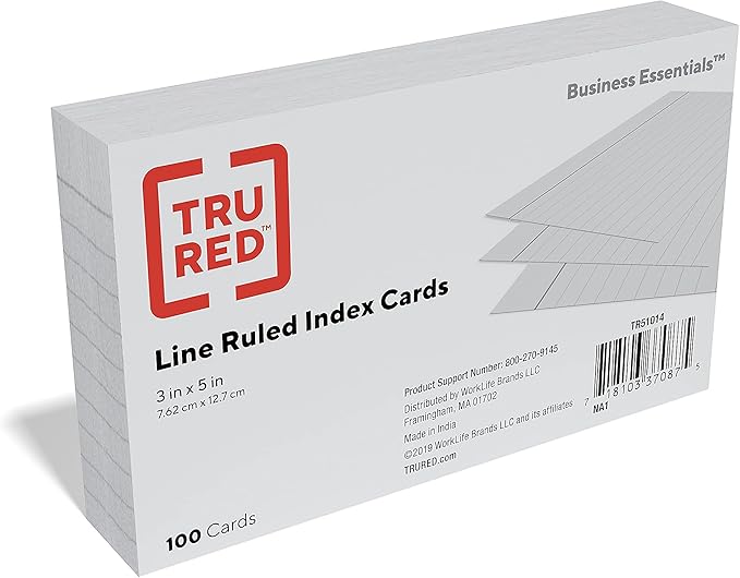 TRU RED Index Cards, 3" x 5", Lined, Gray, 100 Pack – Modern Ruled Cards for Notes, Studying & Organization
