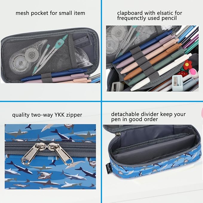 FlowFly Large Capacity Pencil Case for Kids, Boys & Girls – Zippered Multi-Functional Pen Pouch, Soft & Portable Pencil Bag for School, Teens, Students, Shark