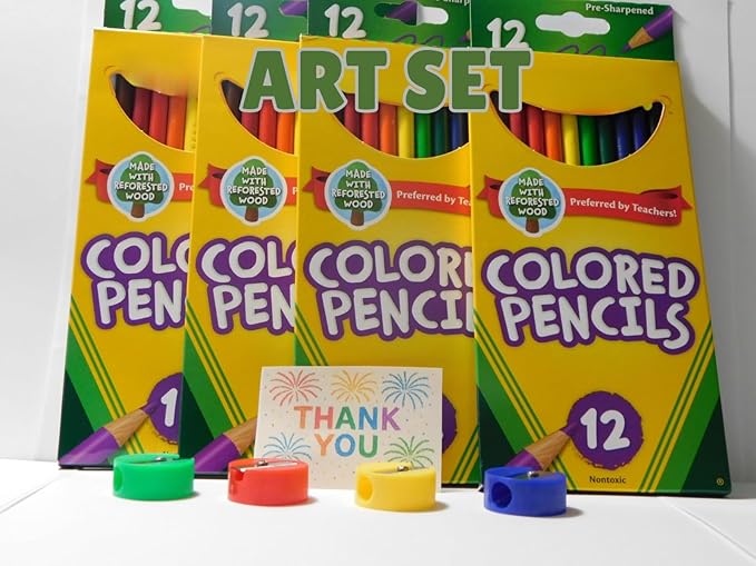 Back to School – 52 Piece Art Supply Bundle – 4x Colored Pencil Packs (12ct) + 4x Sharpeners – School & Home – Gift Ready by Aleluya Art.