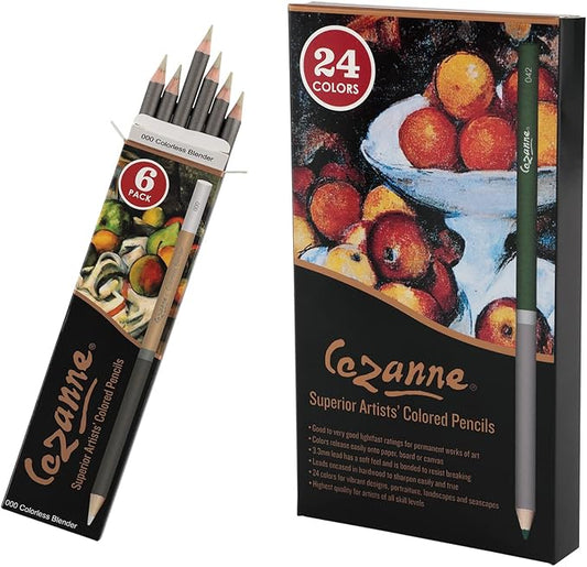 Cezanne Premium Colored Pencil Set with 6pk Colorless Blenders - Soft Wax Core Colored Pencils for Drawing, Blending, Coloring, Professional Artists & More! - 24-Count
