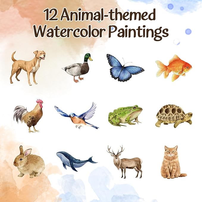 Aizweb Watercolor Workbook-Water Colors Paint Adult Set with 12 Original Animal Patterns,12 Paint Colors&Refillable Water Brush,Coloring Books for Beginners Arts&Crafts Birthday Gifts