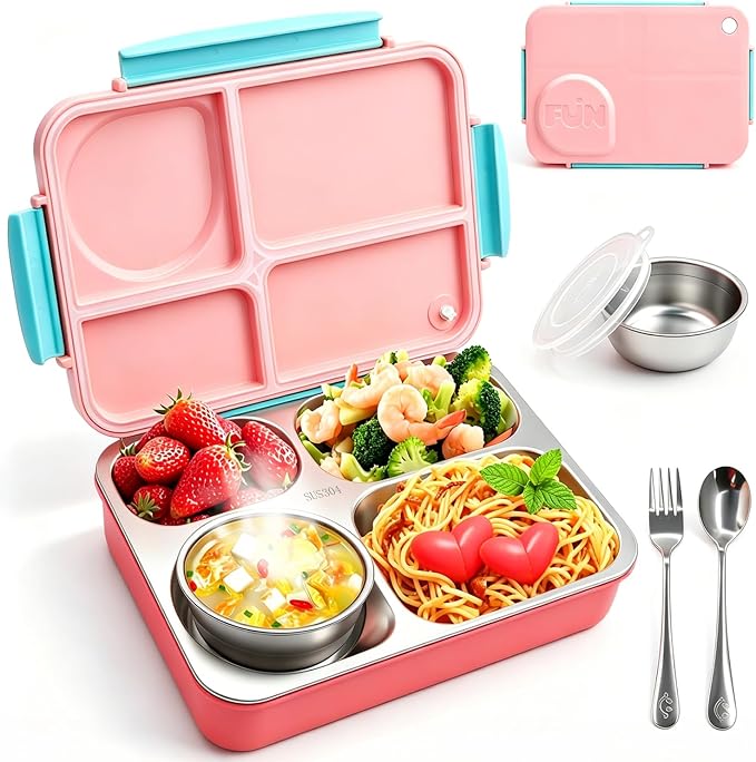 Kids Stainless Steel Lunch Box,304 Stainless Toddler Leak-Resistant Insulated Metal Bento Box,Suitable Schools,Office,Use Comes With An Independent Soup Cup,Tableware,4 Compartments (Pink)
