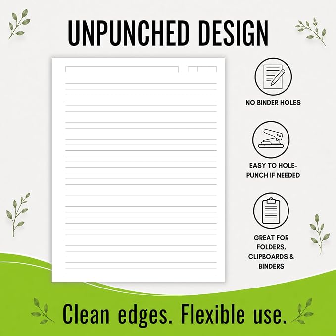 Unpunched College Ruled Loose Leaf Paper, 100 Sheets, Letter Size 8.5 x 11 Inch, 100 GSM White Lined Sheets with Subject & Date Boxes