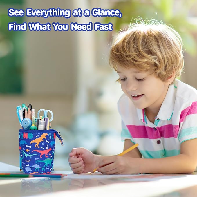 Standing Pencil Case for Boys - Telescopic Kawaii Pencil Pouch for Kids, Big Capacity Stand Up Stationery Pouch for School Students, Blue Dinosaur