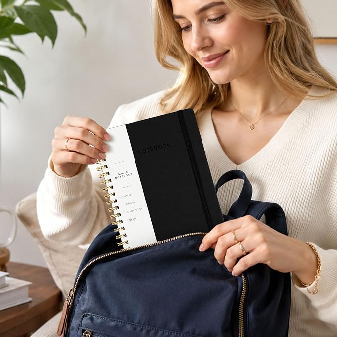 Spiral Notebook - 7.24" x 10" College Ruled Journal with Inner Pockets and 180 Pages, PU Leather Cover Business Journal, Twin-Wire Binding Notebook Perfect for Office & Home School Supplies Black