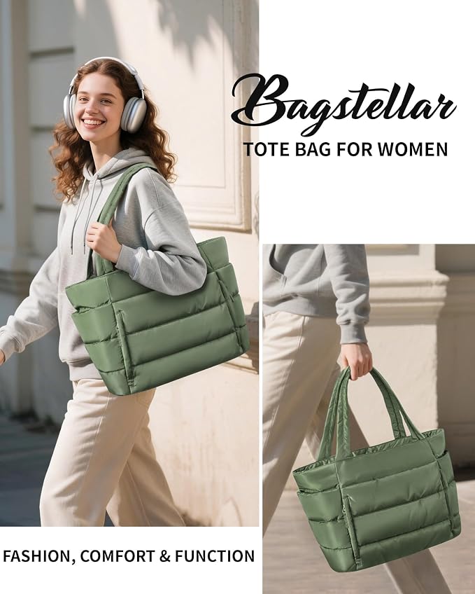 Bagstellar Puffer Tote Bag for Women, Lightweight Puffy Work Handbag Teacher Nurse Quilted Shoulder Bag for School Travel Gym | Cloud Bag w/ Zipper