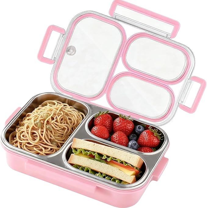 Stainless Steel Bento Box for Kids, 3-Compartment Leakproof Lunch Box, 18/8 Food-Grade Metal Lunch Container with Lid, 25oz Portable School Lunchbox for Girls, Pink