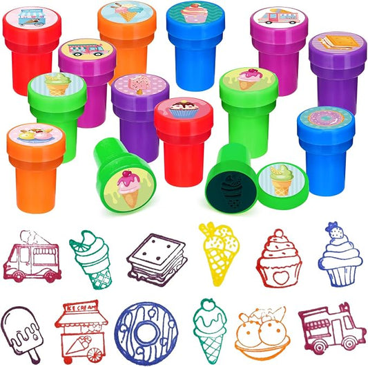 Cinrobiye 24 Pcs Ice Cream Stampers, Candy Donut Party Favors Sweet Themed Birthday Supplies Pre-Inked Classroom Prizes Treat Bag Fillers for Girls Boys Fiesta Pinata Gifts