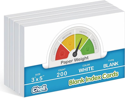 Chell 200 Count Blank Index Cards 3x5 Inch Heavyweight, No Bleed-Through, Double Side Unlined, 74 lb. Cover Weight, White